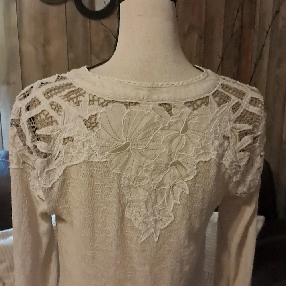 Free People Long Sleeve Henley With Floral Shoulder and Back Embroidered Desigon